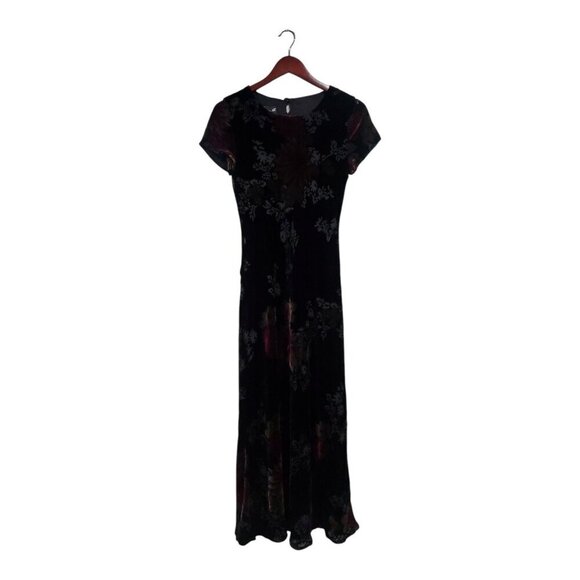 Vintage Benjamin A. Floral Black Velvet Silk Blend Maxi Dress USA Sz Petite 6 - Picture 2 of 16